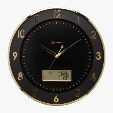 Imagem de Relógio Parede 35cm Termômetro Calendário Preto Herweg 6819