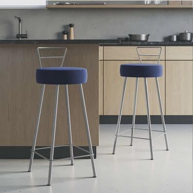 Imagem de Kit 02 Banqueta Alta Com Encosto Tina Eiffel Cozinha Bar Bistrô Ferro Cinza Sintético Azul Marinho - Ahazzo Móveis