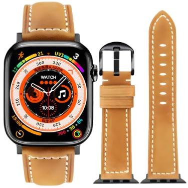 Imagem de Pulseiras de couro masculinas compatíveis com Apple Watch Series Ultra 10, 9, 8, 7, 6, 5, 4 e 3 SE, 49 mm, 46 mm, 44 mm, 42 mm, 45 mm, 46 mm, 49 mm (marrom amarelo, 42 mm, 44 mm, 45 mm, 46 mm e 49 mm)