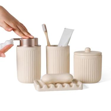 Imagem de BosilunLife Conjunto De Acessórios Para Banheiro - Cerâmica Conjuntos Decoração Saboneteira Espuma E Porta-Escovas Dente, Saboneteira, Pote Boticário (Damasco Listrado)
