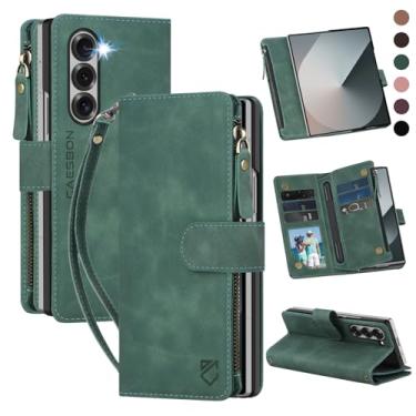 Imagem de CAESBON Capa carteira para Samsung Galaxy-Z-Fold-6: com compartimentos para cartão com bloqueio RFID (6 cartões) e suporte oculto para caneta S | Capa protetora para celular de couro PU macio com