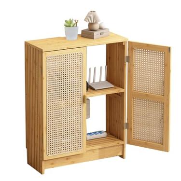 Imagem de Armário de armazenamento de piso de vime com portas, caixa de armazenamento de roteador WiFi de bambu com prateleiras ajustáveis, armários duplos modernos para banheiro, sala de estar (cor de tronco