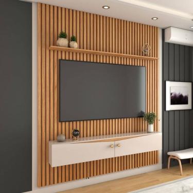 Imagem de Painel Ripado para TV Até 75 Polegadas Naomi 2 Portas 1 Prateleira Cinamomo/Off White - Panorama Móveis