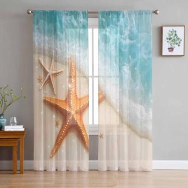 Imagem de Cortinas transparentes oceânicas de 213 cm de comprimento, painéis de tratamento de janela de estrelas do mar com haste de filtragem de luz, cortinas de voile para quarto/sala de estar, cada 132 cm L