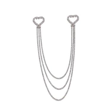 Imagem de Broche de corrente de coração de coração de strass prata broche de colar para mulheres homens brilhantes em camadas longas corrente pendurada lapela broche broche corpete terno terno casaco vestido