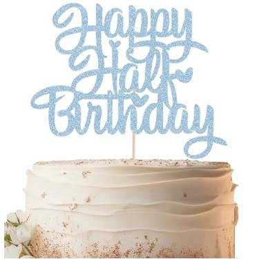 Imagem de EONNCNT Topo de bolo Happy Half Birthday - Glitter azul claro 6 meses suprimentos de decoração de bolo de aniversário para meninos ou meninas chá de bebê, revelação de gênero ou 1/2 artigos de festa