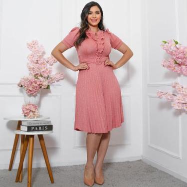 Imagem de Vestido Midi Gode Feminino Basico + Cinto Incluso C/Botão de Enfeite T