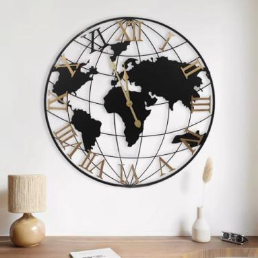 Imagem de Gugxiom Relógio de parede grande com mapa-múndi de 61 cm operado por bateria, relógio de parede numeral romano, relógio moderno minimalista de metal, para escritório, cozinha, quarto, sala de estar