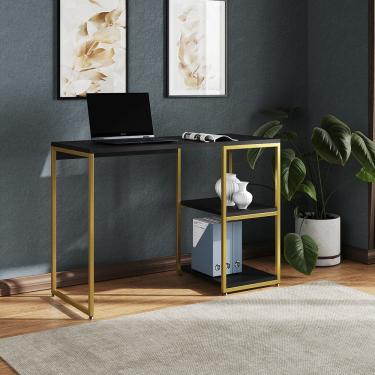 Imagem de Mesa Escritório Berlim Industrial com Prateleira Ferro Dourado Tampo 110x46 Preto