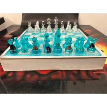 Imagem de Xadrez Exclusivo Oficial Jogo Tabuleiro Grande em Resina Epoxi com Pedras Naturais