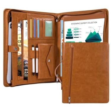 Imagem de Calfinder Pasta de carteira Padfolios, padfólios de couro para mulheres e homens, organizador de portfólio de negócios/trabalho com zíper, fichário de couro com alça para iPad, documento, caderno