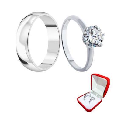 Imagem de Aliança 4mm Namoro Prata Compromisso União + Solitario Anel Tungstenio