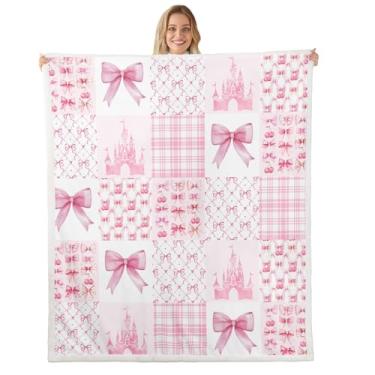 Imagem de Cobertor infantil com laço rosa, gravata borboleta de cereja, cobertor de cama de castelo de princesa para meninas e mulheres, cobertor de lã quadriculado geométrico, cobertor felpudo exclusivo de