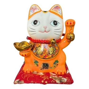 Imagem de Cofrinho de cerâmica Lucky Cat para boa sorte e prosperidade, ornamento Feng Shui Maneki Neko para casa, escritório, loja - 14 cm de altura (laranja)