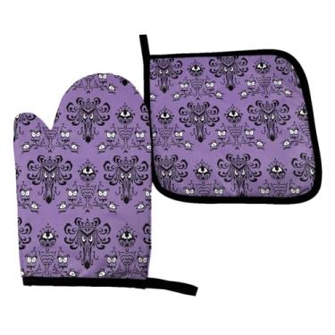 Imagem de Perinsto Luvas de forno e suportes de panela de Halloween para casa assombrada, conjunto de cozinha, luvas decorativas resistentes ao calor, luvas de forno de micro-ondas para assar, grelhar