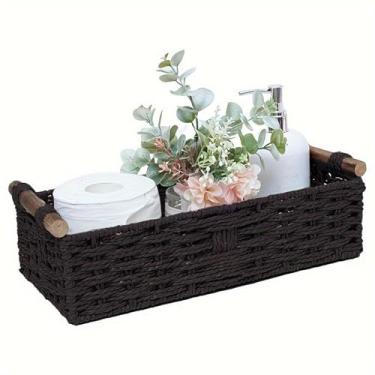 Imagem de Asixxsix Cesta de Armazenamento de Corda de,Lixeira Organizadora de Vime Com Alça de Madeira, para Banheiro Bancada Bancada da Sala de Estar Decoração do Escritório da Cozinha (BLACK)