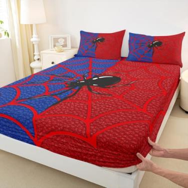 Imagem de Jogo de cama solteiro com teia de aranha vermelha, aracnídeo e aracnídeo preto, decoração de quarto de meninos, meninas, mulheres, homens, lençol com elástico, gótico de Halloween, 1 fronha (sem plano