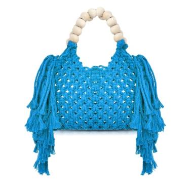 Imagem de Bolsas de mão para mulheres, bolsas de algodão tricotadas à mão, bolsa de tecido com borla, alça de contas de madeira, bolsa de ombro para férias na praia (azul), Azul, One Size