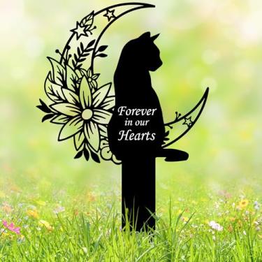 Imagem de HEGANITS Marcador de túmulo para gatos ao ar livre – Placa memorial de metal para animais de estimação de 30 cm com gato lua de jardim, lápide à prova de intempéries para quintal ou homenagem interna