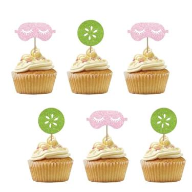 Imagem de Set of 24 Spa Party Cupcake Toppers, Sleepover Birthday Cupcake Toppers for Women Girl, Pink&Green Glitter Eye mask Cucumber Slices Cake Picks for Makeup Themed Party Supplies