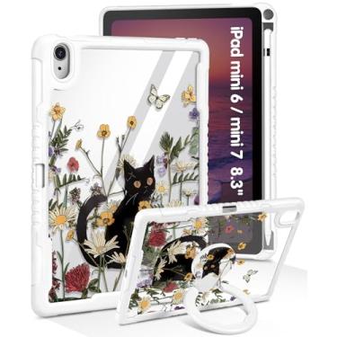 Imagem de Uppuppy Capa para iPad Mini 7 A17 Pro 2024/Mini 6 2021 de 8,3 polegadas - Capa feminina fofa para meninas com suporte e porta-lápis, Kawaii, gato preto, feminino, capa protetora rígida para iPad Mini