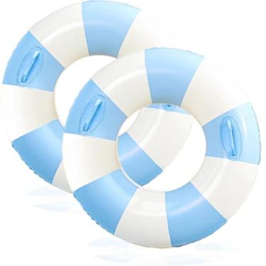 Imagem de Boias infláveis listradas de 76 cm para adultos - pacote com 2 boias listradas, tubos de piscina com alças, boia inflável para piscina, festa, lago na praia, adultos (azul, 90)