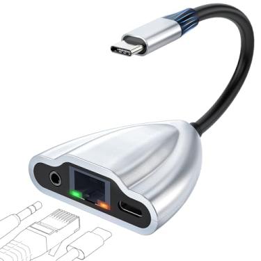 Imagem de CIXUN Hub USB C 3 em 1 com potência de 100 W, Ethernet de 1 Gbps e adaptador de fone de ouvido de 3,5 mm, adaptador USB C para Ethernet multiportas para laptop, PC, tablet, iPhone 15/16, Pro Switch