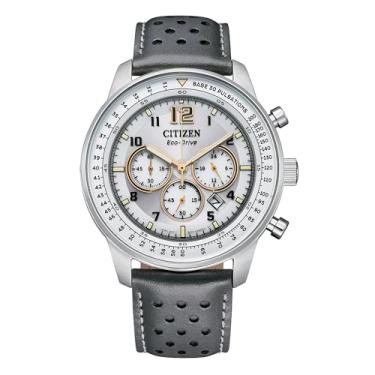 Imagem de Citizen Relógio masculino casual esportivo Eco-Drive, pulseira de couro cinza, mostrador prateado, cronógrafo, data (modelo: CA4500-24H)