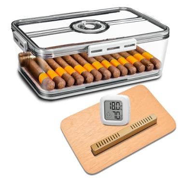 Imagem de demcigar Umidor de charuto, caixa de umidificador transparente com umidificador e higrômetro, caixa de umidificador de charuto de mesa com lascas de madeira de cedro, caixa de charutos, presentes de