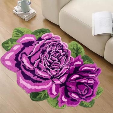 Imagem de Lacomfy Tapete de área de rosas fofas - Tapete de banheiro floral roxo, tapete de banheiro fofo lavável para casa de fazenda tapete de flores rústico antiderrapante adequado para banheira, chuveiro