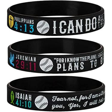 Imagem de Sainstone Pacote com 12 pulseiras de silicone motivacionais de beisebol com Bíblia inspiradora Filipenses 4:13, Jeremias 29:11, Isaías 41:10 - Pulseiras esportivas a granel por atacado, brindes de