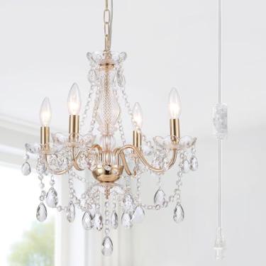 Imagem de AMZASA Candelabro de cristal plugue, lustre de cristal dourado do país francês, iluminação pendente, 5 luzes de cristal de vidro para sala de estar, casamento, ilha, quarto, corredor, hall de entrada