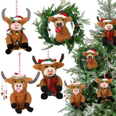 Imagem de HunnmingRe 4 peças de enfeite de vaca de feltro de árvore de Natal de 13 cm de feltro de vaca Highland, enfeites de árvore de Natal, pingentes decorativos para festas de fazenda, decoração de