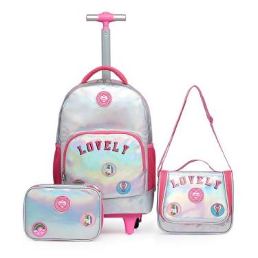 Imagem de Kit Mochila De Rodinha Juvenil Holográfica Lancheira Estojo Organizado