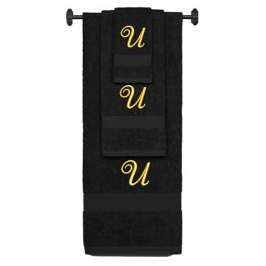 Imagem de Toalha de banho de algodão felpudo bordada personalizada, conjunto de toalha de mão e toalha de banho - Conjunto de toalhas pretas, letra U dourada Diana Script