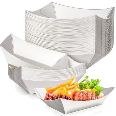 Imagem de MotBach Pacote com 50 bandejas de papel para barcos de comida de 900 g, recipientes de papel descartáveis, bandeja de servir comida branca kraft, cestos para lanche, pipoca, sobremesa, churrasco