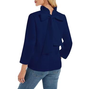 Imagem de Blusa feminina Kedera com babados, gola simulada, mangas 3/4, azul mar