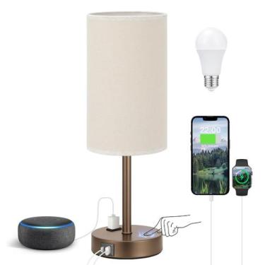 Imagem de Candeeiro de mesa Fenmzee Touch Beige com carregamento e tomada USB