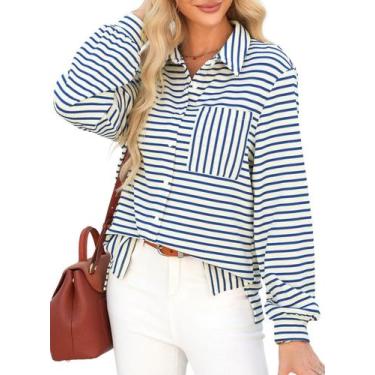 Imagem de Camisa feminina elegante listrada com botões e manga comprida azul mar