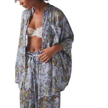 Imagem de Conjunto de pijama feminino SOOKABEILA, seda Y2k, estampa floral, azul