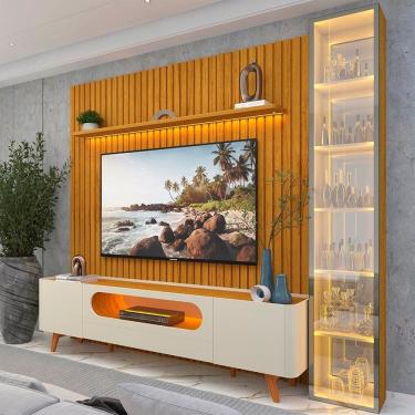 Imagem de Rack com Painel para Tv 84 Polegadas 100% Mdf com Led Pés em Madeira Maciça Nobre Clean/luminare Naturale/Off White