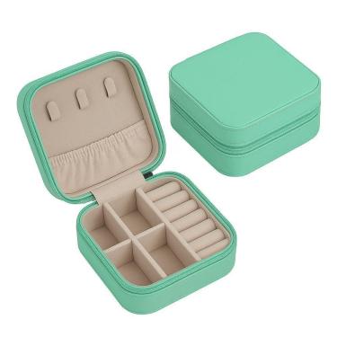 Imagem de Porta-joias De Viagem Compacto Com Zíper – Couro Sintético, Compartimentos Para Anéis, Colares E Brincos Verde