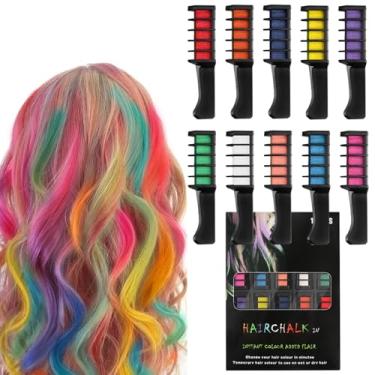 Imagem de Gireatick Pente de giz de cabelo de 10 cores para meninas, crianças, tingimento temporário para crianças, adultos e cosplay DIY, fácil de lavar, funciona em todas as cores de cabelo