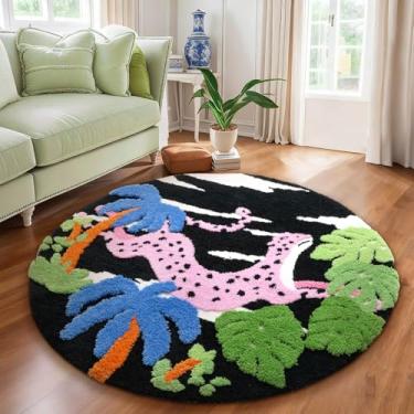 Imagem de YIHOUSE Tapete moderno de leopardo redondo, preto Aniaml tapete estético para quarto, tapete felpudo antiderrapante (leopardo, 10 x 1,2 m)