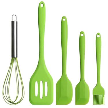 Imagem de Kit 5 Utensílios de Cozinha em Silicone com Fuê Espátulas Pincel Colher e Batedor Resistente ao Calor (Verde)