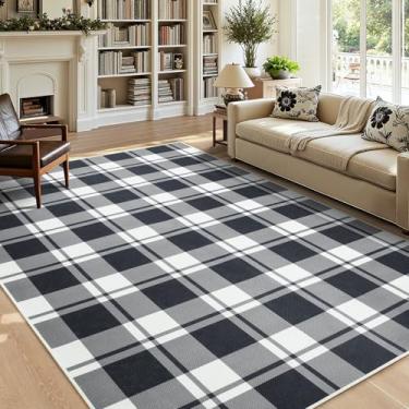 Imagem de AROGAN Tapetes de juta quadriculada 10 x 15 cm, tapete lavável para sala de estar, entrada interna e externa, design de casa de fazenda, tapetes geométricos neutros para varanda, sala de jantar