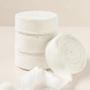 Imagem de FAKILO 4 rolos de fita de algodão rústico natural com borda desgastada, fita 100% algodão marfim 5/20.3 cm x 24yds para buquês de casamento vintage, convites, chá de bebê, embrulho de presente