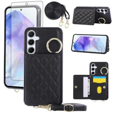 Imagem de Asuwish Capa para celular Samsung Galaxy S24 FE 5G e protetor de tela de vidro temperado alça de ombro transversal alça de ombro anel fivela suporte suporte cartão celular para S 24 EF AI S24FE 24S