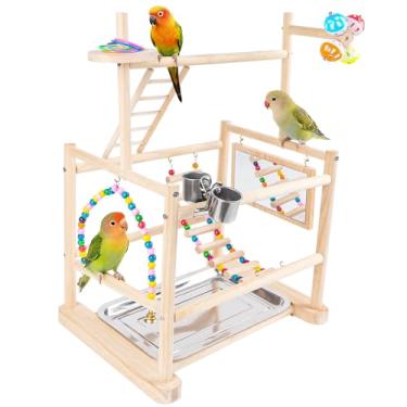 Imagem de Parquinho de pássaros, parquinho de papagaio, suporte de poleiro de papagaio de 3 camadas com copos alimentadores, escada, espelho de periquito, brinquedos de periquito e bandeja removível para