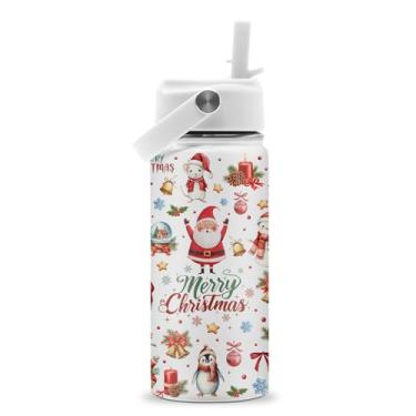 Imagem de ROVOZAR Garrafa de água Merry Christmas - Papai Noel 473 ml garrafa de água de aço inoxidável com canudo - copo isolado de férias de inverno para meninas e meninos - copo infantil de animais de Natal
